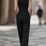 Black Halter Vest & Tailored Straight-Leg Pants Suit Set