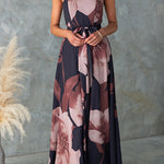 Strapless Tie Waist Floral Print Flowy Maxi Dress