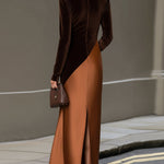 Chocolate Velvet & Satin Color-Block Maxi Dress