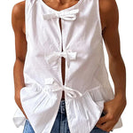 Margovil Bow Front Sleeveless Cotton Linen Ruffle Top(in 6 Colors)