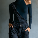 Women's Black Cotton One-shoulder Turtleneck Top And Blue-grey Denim Loose-fitting Overalls Set