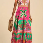 Margovil Bow Shoulder V Neck Sleeveless Printed Maxi Vacation Dress