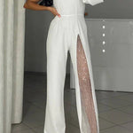 Margovil One Shoulder Long Sleeve Patchwork Wide Leg Jumpsuit