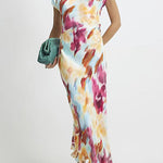 Cowl Neck Short Sleeves Tie Dye Maxi Dress