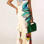 One Shoulder Sleeveless Floral Print Ruffle Slit Maxi Dress