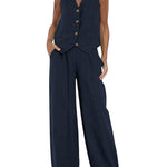 Women's Fashion Solid Color Vest Trousers Collage Stitching Cotton and Linen Casual Suit