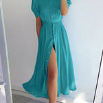High Waisted Loose Buttoned Round-Neck Midi Dresses