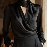 Black Draped Silk Blouse With Neck Tie Detail