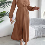 A-Line High Waisted Elasticity Pleated Solid Color V-Neck Maxi Dresses