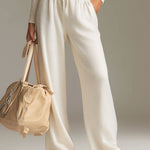 Fashionable Sporty White Knit Ribbed Crew Neck Top And Wide-leg Pants Set