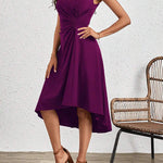 A-Line High Waisted Asymmetric Pleated Solid Color Split-Joint Round-Neck Midi Dresses