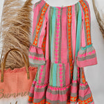 Friendly Shores Linen Blend Ethnic Print Off Shoulder Loose Mini Dress
