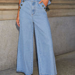 Denim Button Sleeveless Vest & Wide Leg Jeans 2Pcs Set