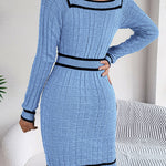 Bodycon Long Sleeves Buttoned Contrast Color Plaid Square-Neck Mini Dresses Sweater Dresses