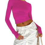 Long Sleeves Skinny Hollow Solid Color Round-Neck T-Shirts Tops