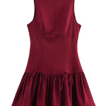 A-Line Loose Pleated Solid Color Split-Joint Zipper Round-Neck Mini Dresses