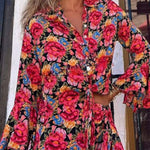 Grace Given Floral Ruffle Bell Sleeve Button Tie-up Waist Shirt