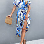 A-Line Loose Hollow Printed Tied Waist Round-Neck Midi Dresses