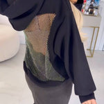 Black Hooded Sweatshirt with Rhinestone Embellished Cutout Back
