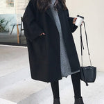 Long Sleeves Loose Buttoned Pockets Solid Color Split-Joint Notched Collar Woolen Coat