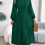 Elasticated Waist High Waisted Pleated Solid Color V-Neck Midi Dresses
