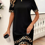Bodycon Loose Contrast Color Leopard Split-Joint Round-Neck Mini Dresses