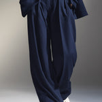 Women's Navy Structured Woven Set With Oversized Blazer & Wide-Leg Pants, Timeless Chic-Effortless Style Set