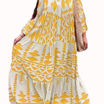 A-Line Long Sleeves Buttoned Contrast Color Pleated Printed Split-Joint Stand Collar Maxi Dresses Shirt Dress
