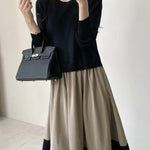 A-Line Long Sleeves Pleated Split-Joint Round-Neck Midi Dresses