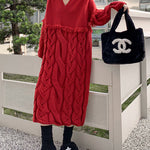 Long Sleeves Loose Solid Color Split-Joint Tasseled V-Neck Midi Dresses Sweater Dresses