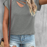Solid Color Casual Cutout Neck T Shirt