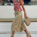 Loose Wide Leg Buttoned Pockets Solid Color Split-Joint Capri-Pants Cropped Trousers