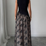 High Waisted Sleeveless Contrast Color Flower Print Split-Joint Zipper Square-Neck Maxi Dresses