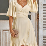 Flared Sleeves Half Sleeves Elasticity Ruffled Solid Color Split-Joint Tied Waist V-Neck Mini Dresses