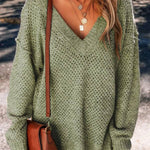 Jungle Green Plain Oversized Hollowed Knit Sweater