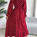 High Waisted Long Sleeves Pleated Polka Dot Ruffled Square-Neck Maxi Dresses Shirt Dress