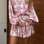 Loose Puff Sleeves Pleated Printed Split-Joint Tied Waist Stand Collar Mini Dresses