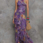 Boho-Elegant Floral Halter Chiffon Maxi Dress