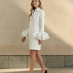 Flared Sleeves Long Sleeves Buttoned Solid Color Lapel Mini Dresses