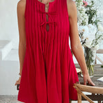 A-Line Loose Pleated Solid Color Tied Round-Neck Mini Dresses Vest Top