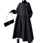 A-Line Long Sleeves Embossed Pockets Quilted Solid Color Split-Joint High Neck Midi Dresses Sweater Dresses