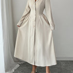A-Line High Waisted Buttoned Pleated Solid Color Split-Joint Notched Collar Maxi Dresses Shirt Dress