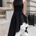 Contrast Ruffle High-Neck Asymmetrical Midi Dress