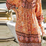 A-Line Loose Contrast Color Flower Print Pleated V-Neck Mini Dresses