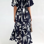 Elegant V-neck slim waist large swing skirt printed dress