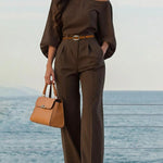 High Waisted Loose Pleated Solid Color Split-Joint Pants Trousers