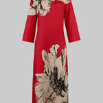 Loose Three-Quarter Sleeves Contrast Color Flower Print Round-Neck Midi Dresses