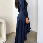 High Waisted High-Low Solid Color Tied Waist Deep V-Neck Maxi Dresses