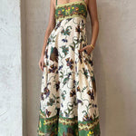 A-Line High Waisted Contrast Color Pleated Printed Split-Joint Spaghetti-Neck Midi Dresses