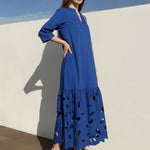A-Line Long Sleeves Hollow Pleated Solid Color Split-Joint V-Neck Maxi Dresses